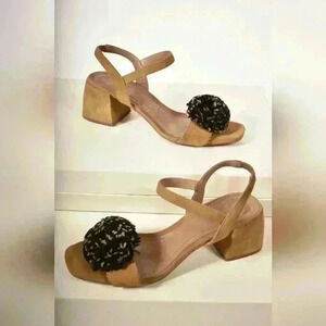 ZARA Tan  Black Microsuede Block Heel Open Toe Strappy Sandal 39EU 9US